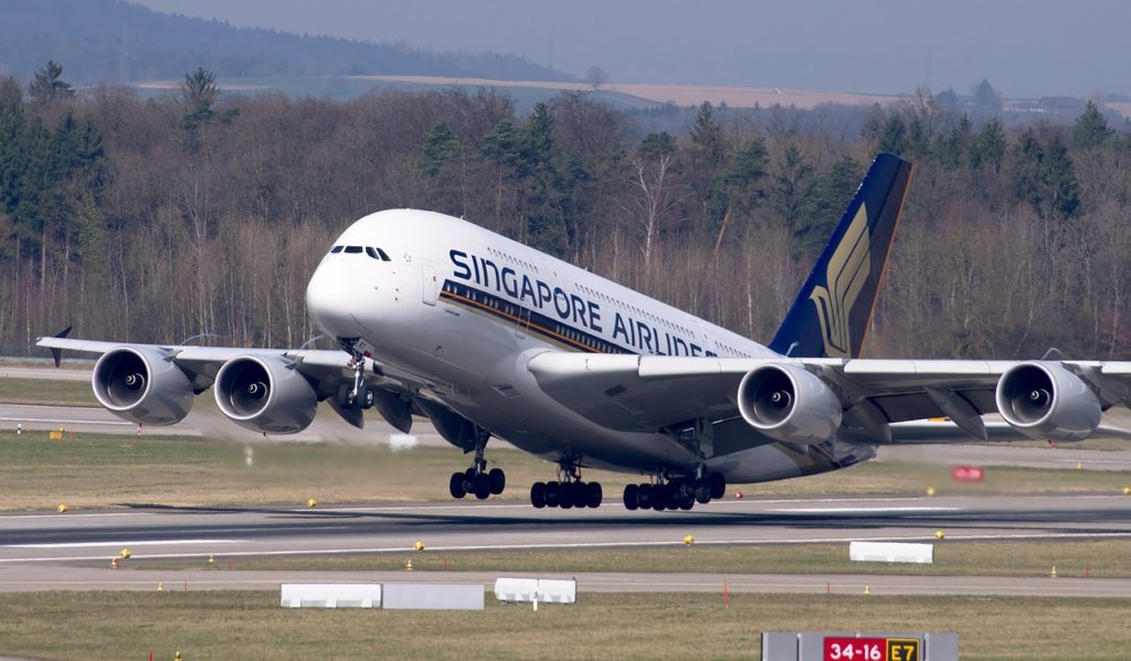 Airbus A380 commercial jetliner taking off, Singapore airlines