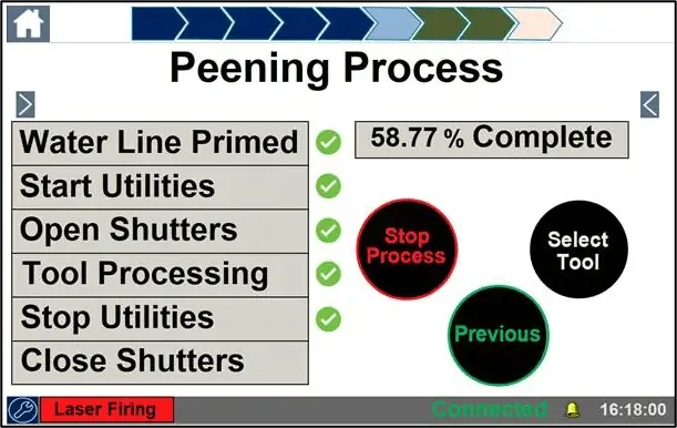 laser peening equipment innovation - Simpler operator screens show the checklist of steps necessary to initiate the laser peening process, checked off one at a time in a linear process that tracks the workflow